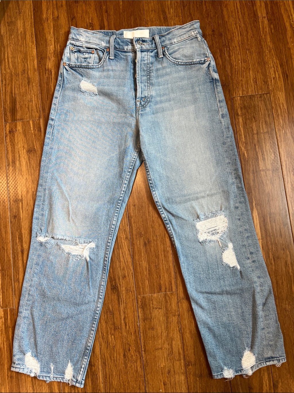 Mother Light Blue Distressed Straight Leg Jeans